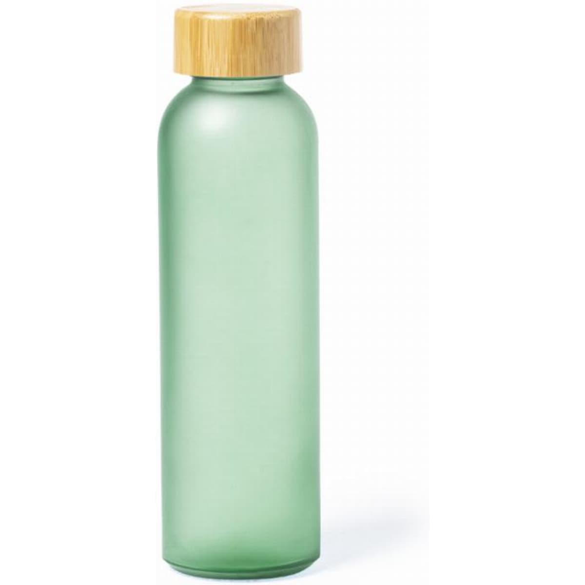 A drink bottle in frosted green glass with a bamboo lid and a simple logo.