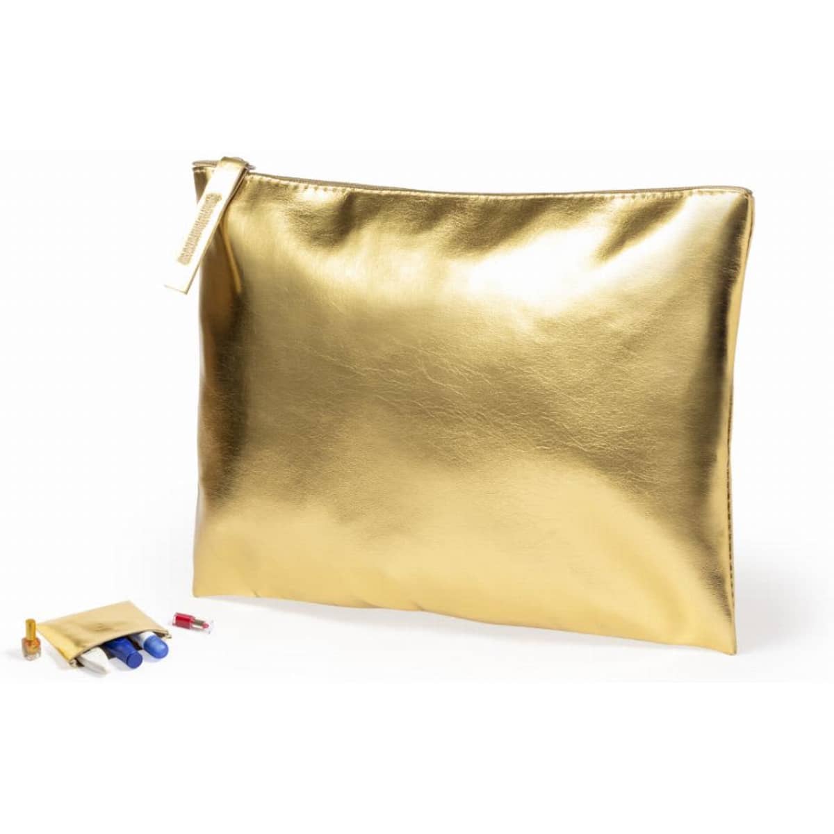 A gold metallic pouch with a zip closure, alongside smaller pouches in various colours.