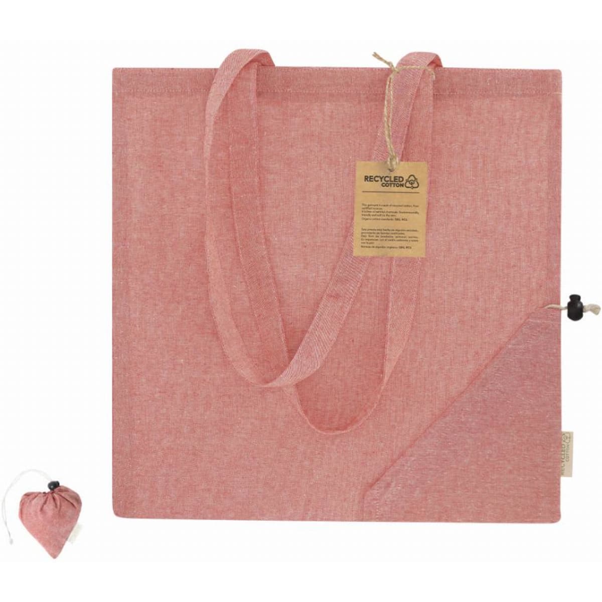 A pink reusable tote bag made from recycled materials, featuring long handles and a compact carrying pouch.