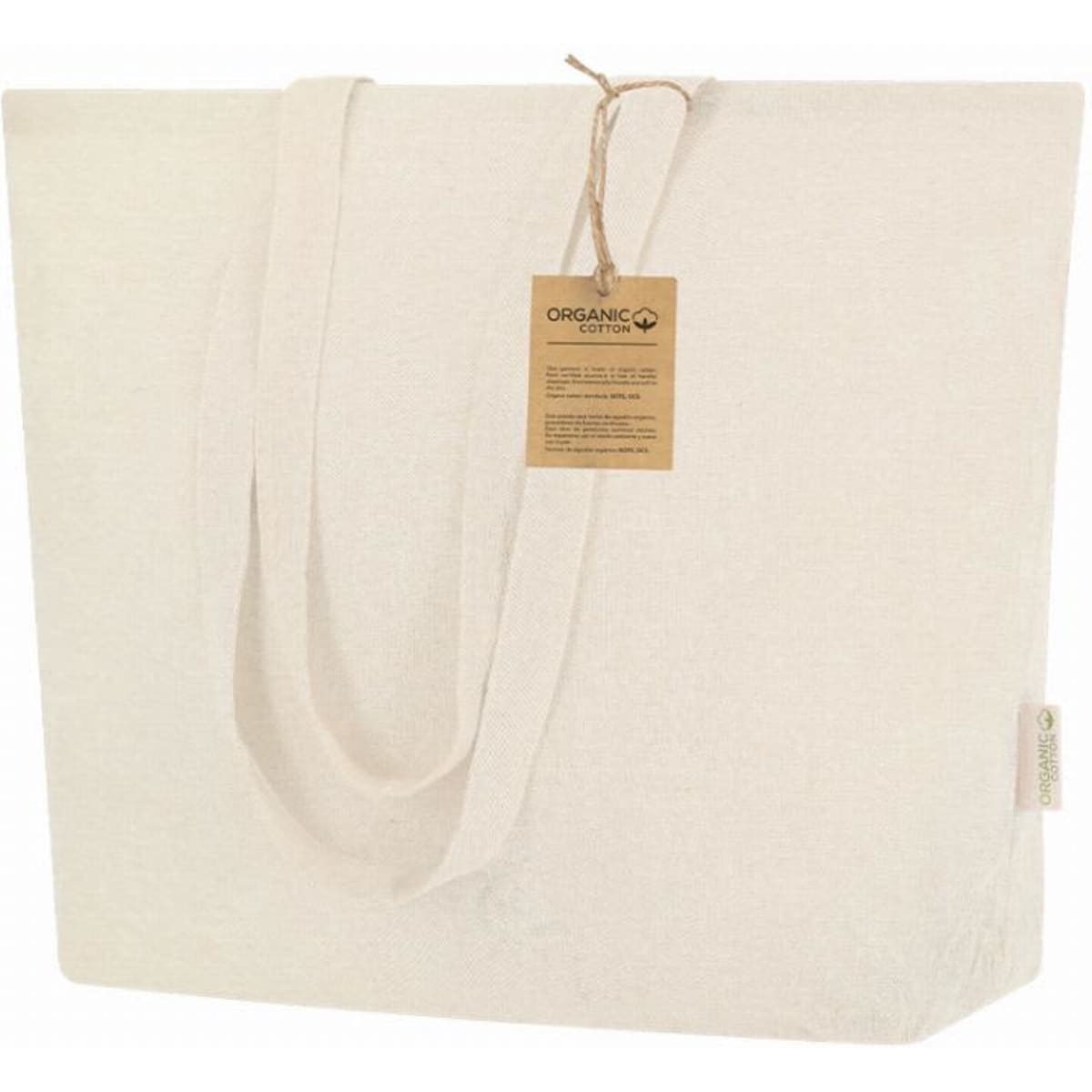 A tote bag in natural tone with long handles, featuring a tag that indicates it is made from organic cotton.