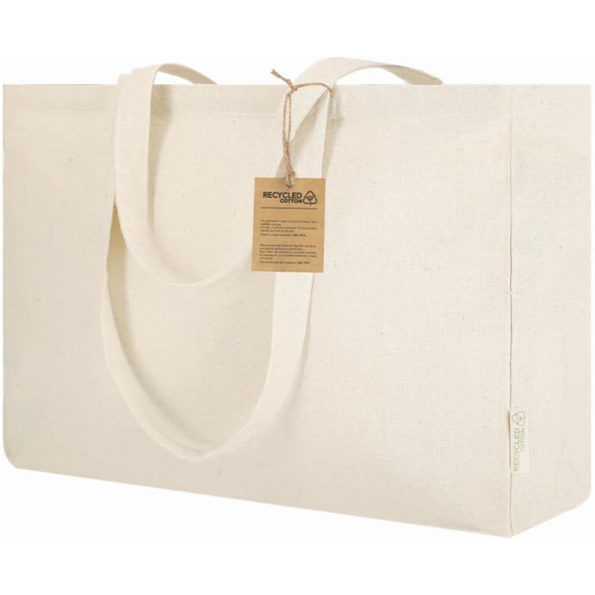 A tote bag in natural cotton, featuring two handles and a tag attached, ideal for carrying items.