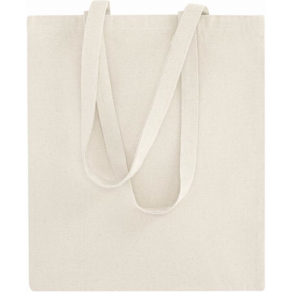A canvas tote bag in off-white with two straps for easy carrying, featuring a simple design.