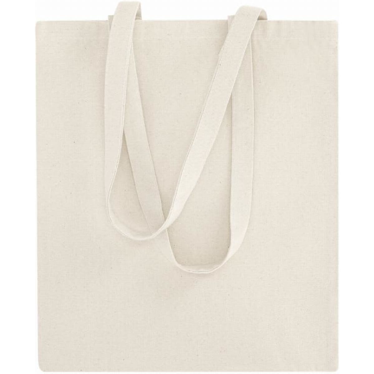 A natural canvas tote bag with long handles, featuring a plain, unadorned design.