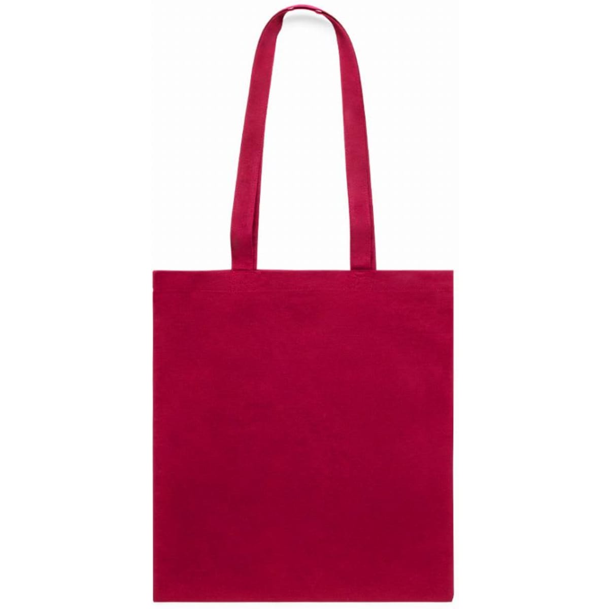 A red tote bag with long handles, featuring a plain design and no visible logos or branding.