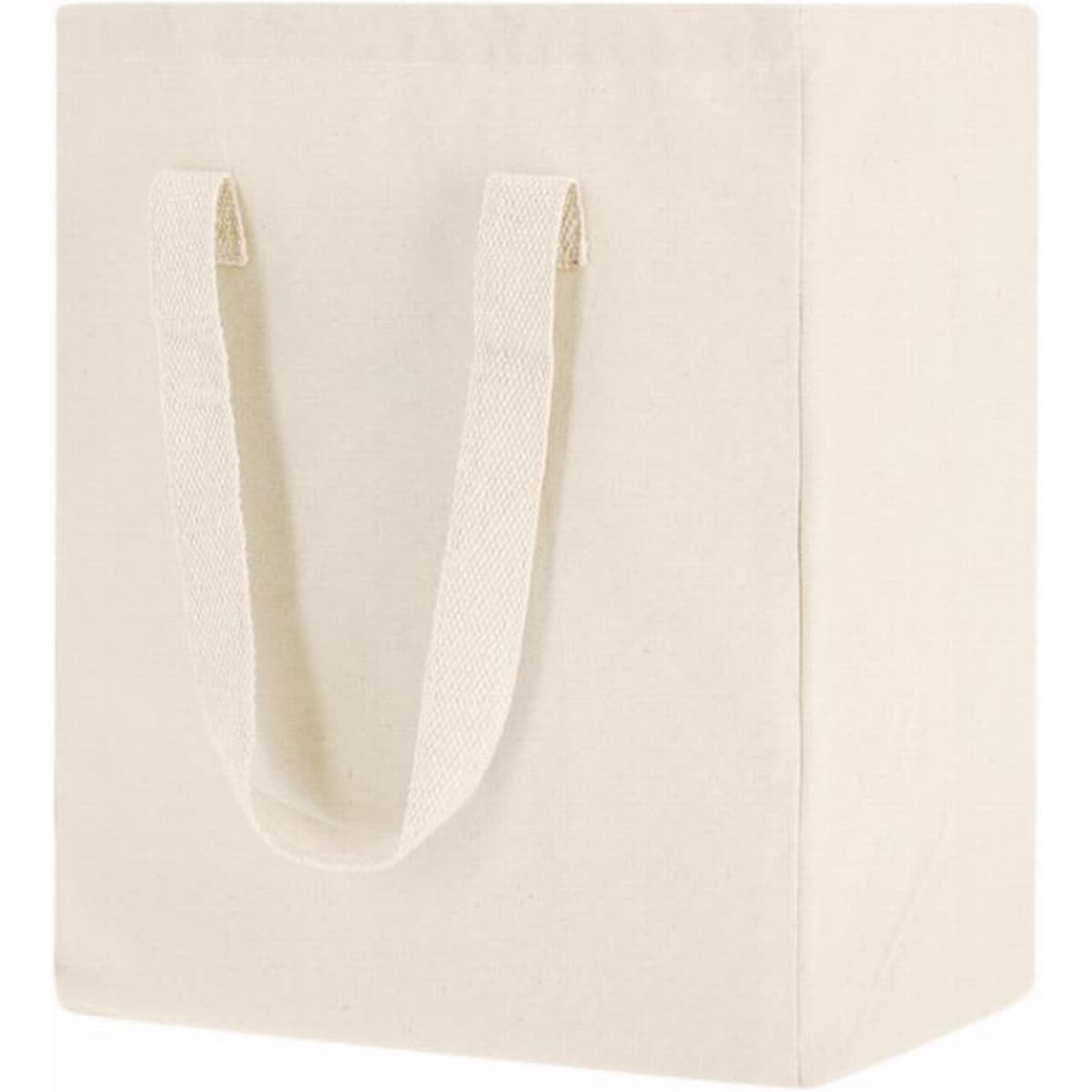 A natural canvas tote bag with two cotton handles, featuring a simple, unadorned design.