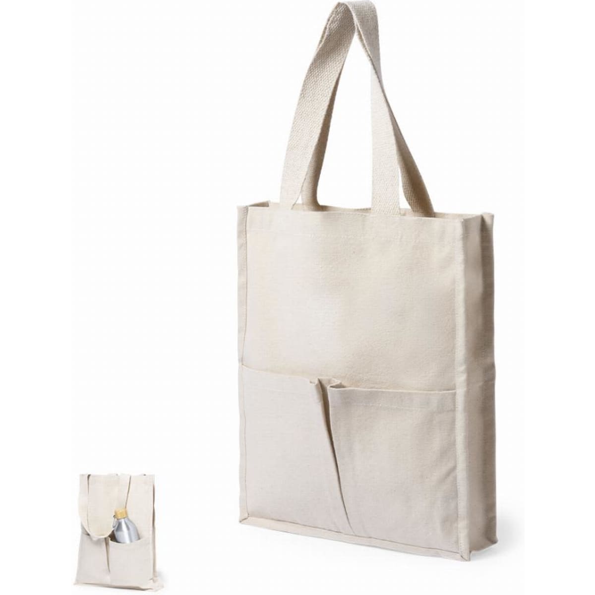 A tote bag in a light beige colour featuring dual handles and a front pocket. It has a simple, minimalist design.