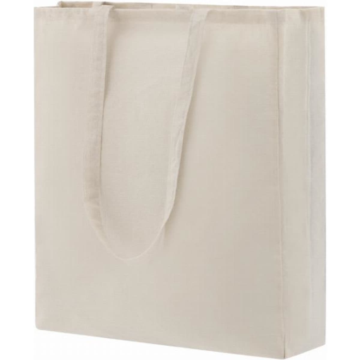 A tote bag in a neutral beige colour with two long handles and a minimalist design. It features a logo on one side.