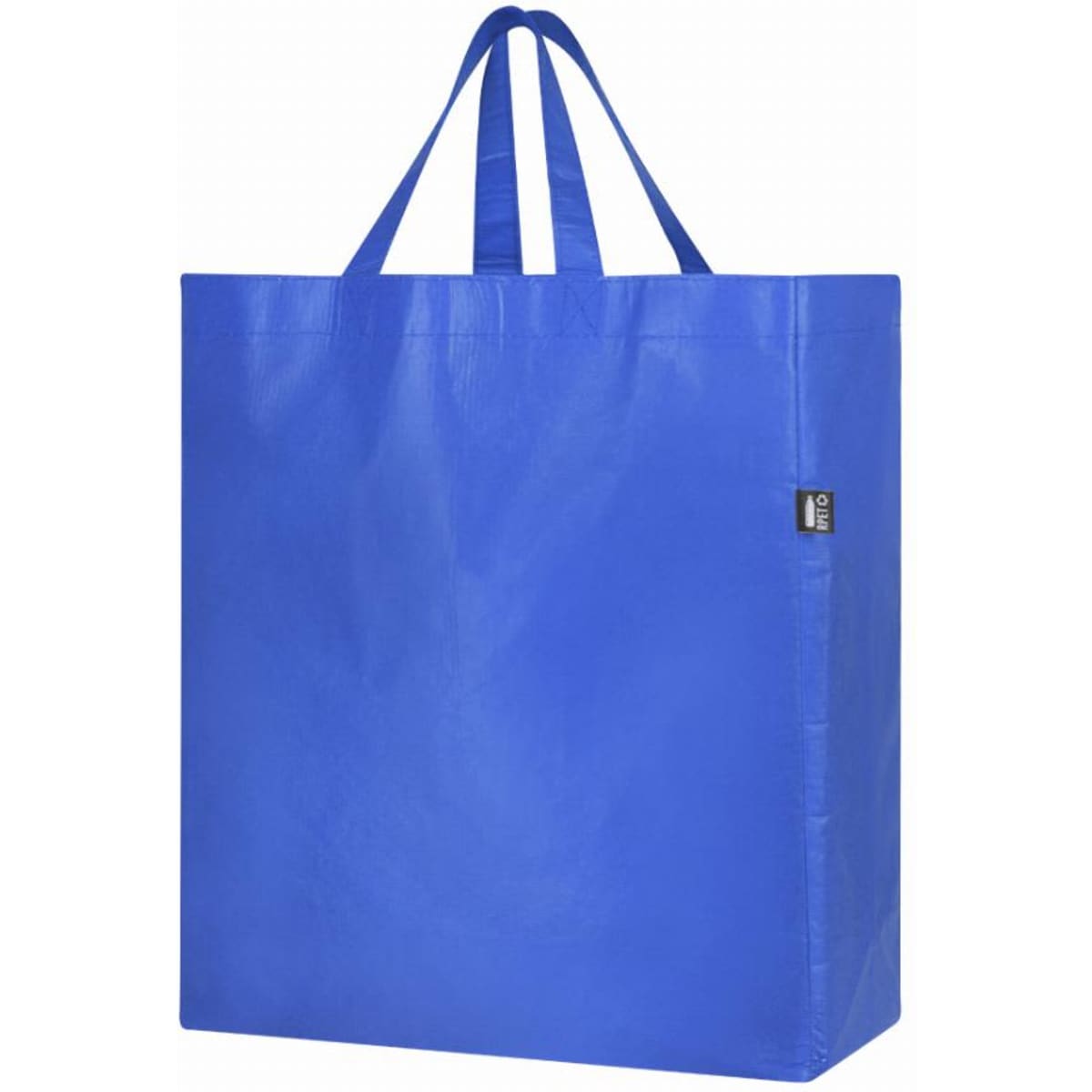 A blue tote bag with two handles and a small logo on the side.