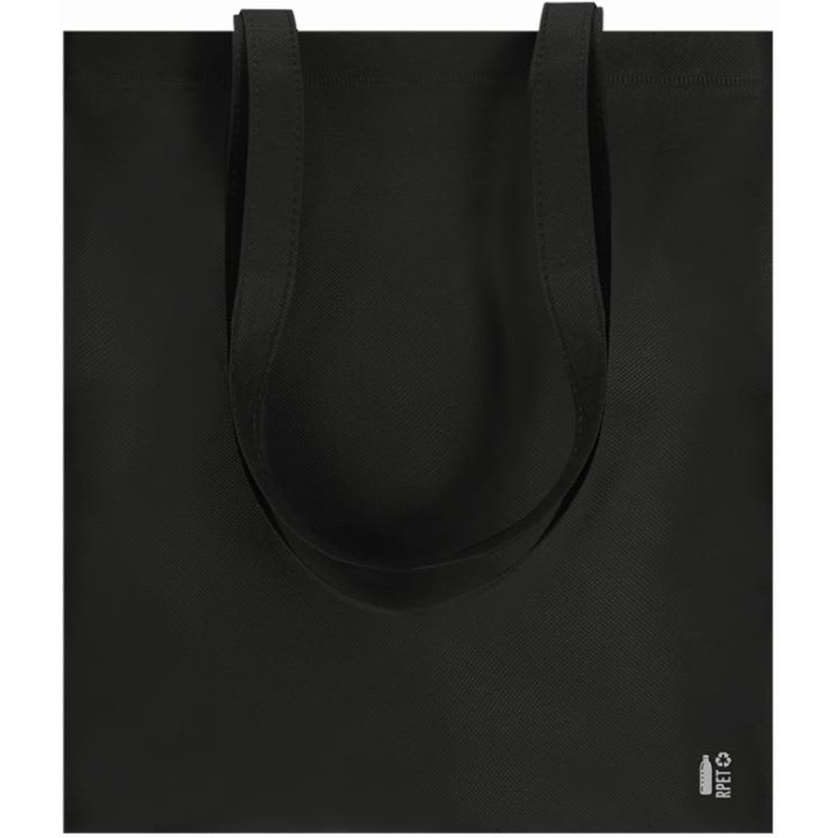 A black tote bag with two shoulder straps and a small branding logo on the side.
