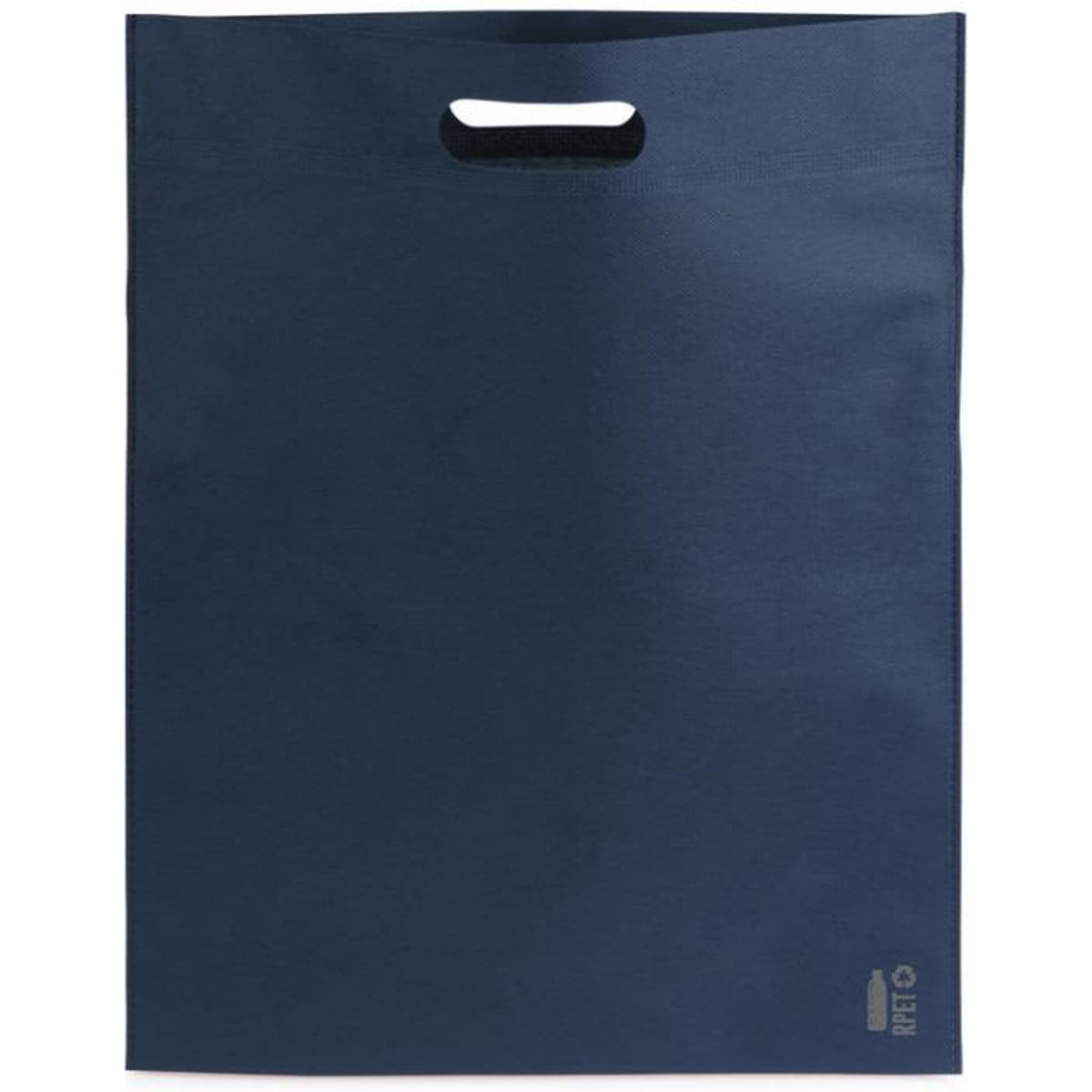A navy blue tote bag with a handle, featuring a simple design and a small logo in the corner.