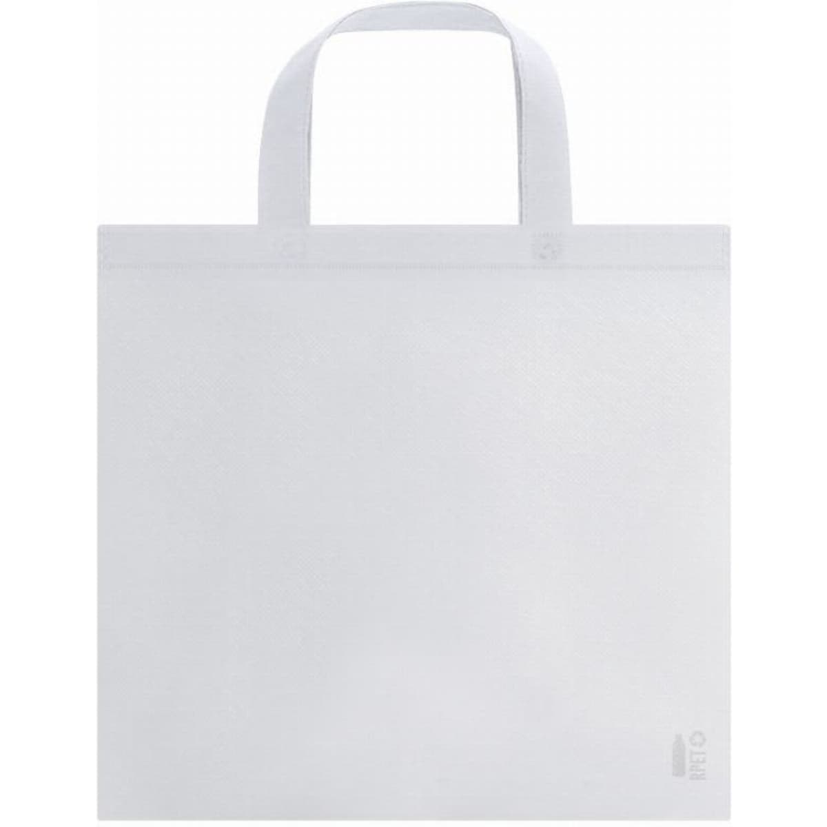 A white tote bag with two handles and a simple design, featuring a logo on the side.