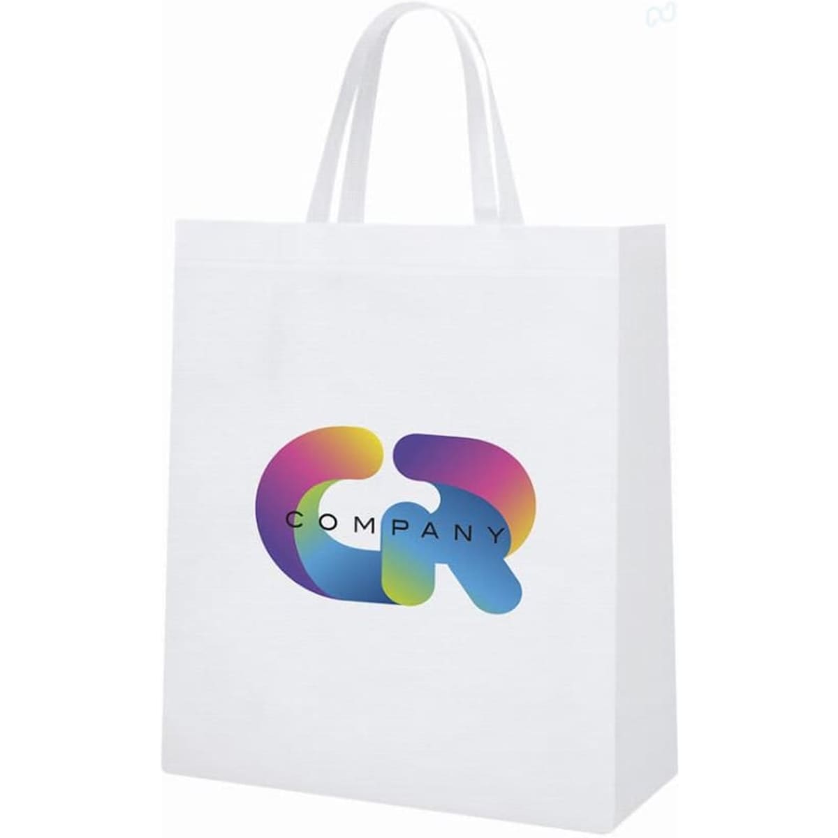 A white tote bag featuring a multicoloured logo. The bag has sturdy handles for easy carrying.