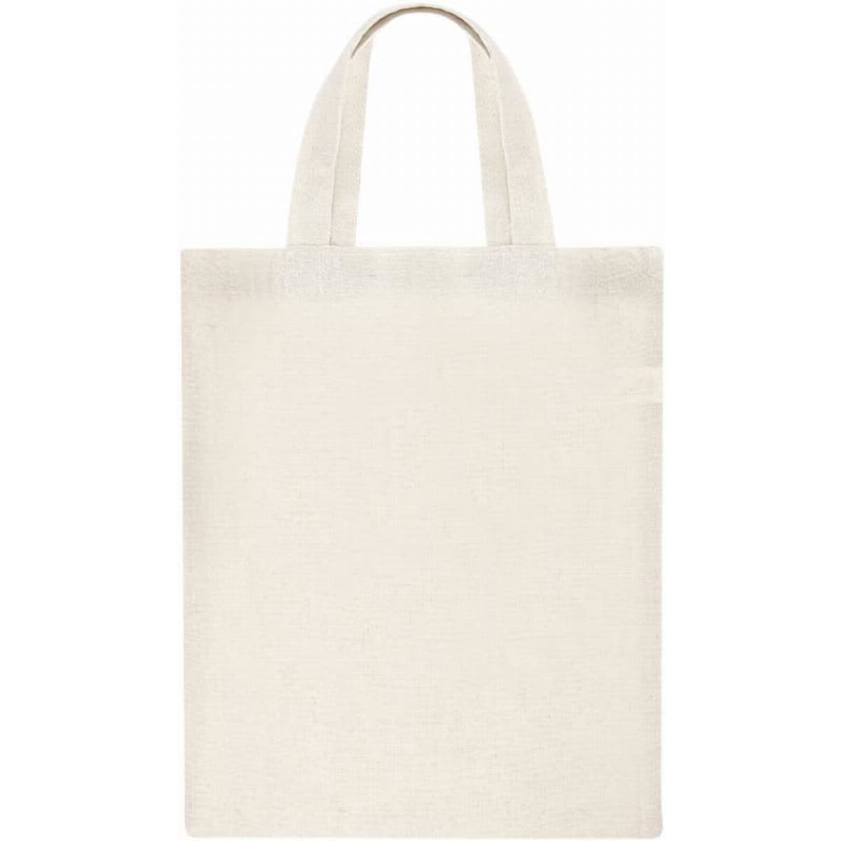 A tote bag in cream colour with two handles and a simple design. The bag features a small side pocket.