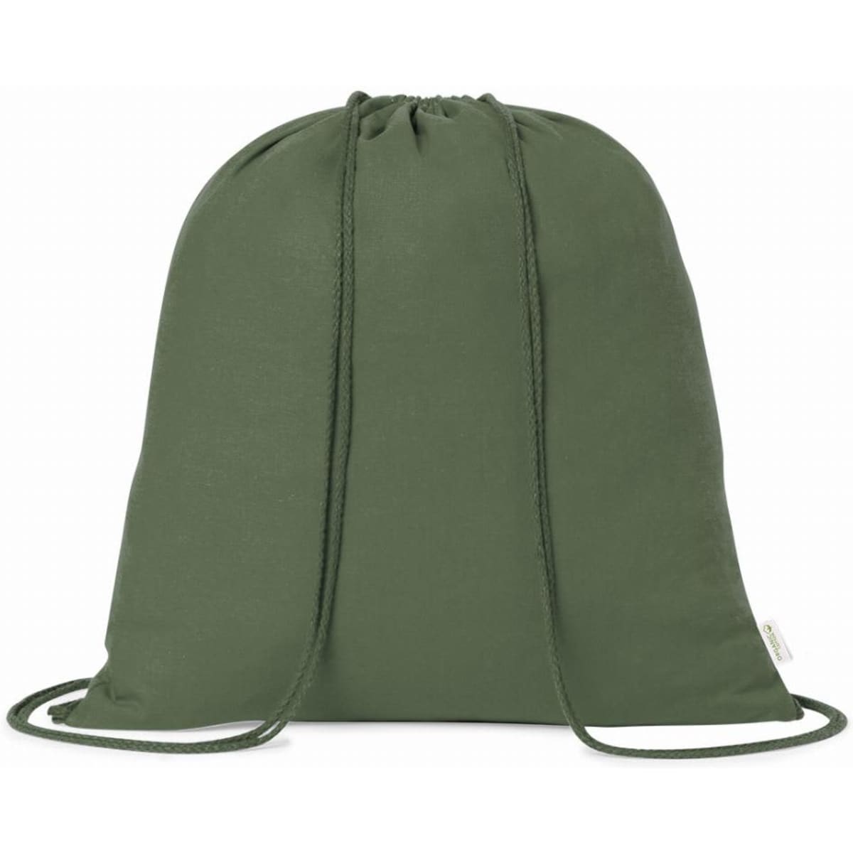 A drawstring backpack in olive green with a simple design and a logo.
