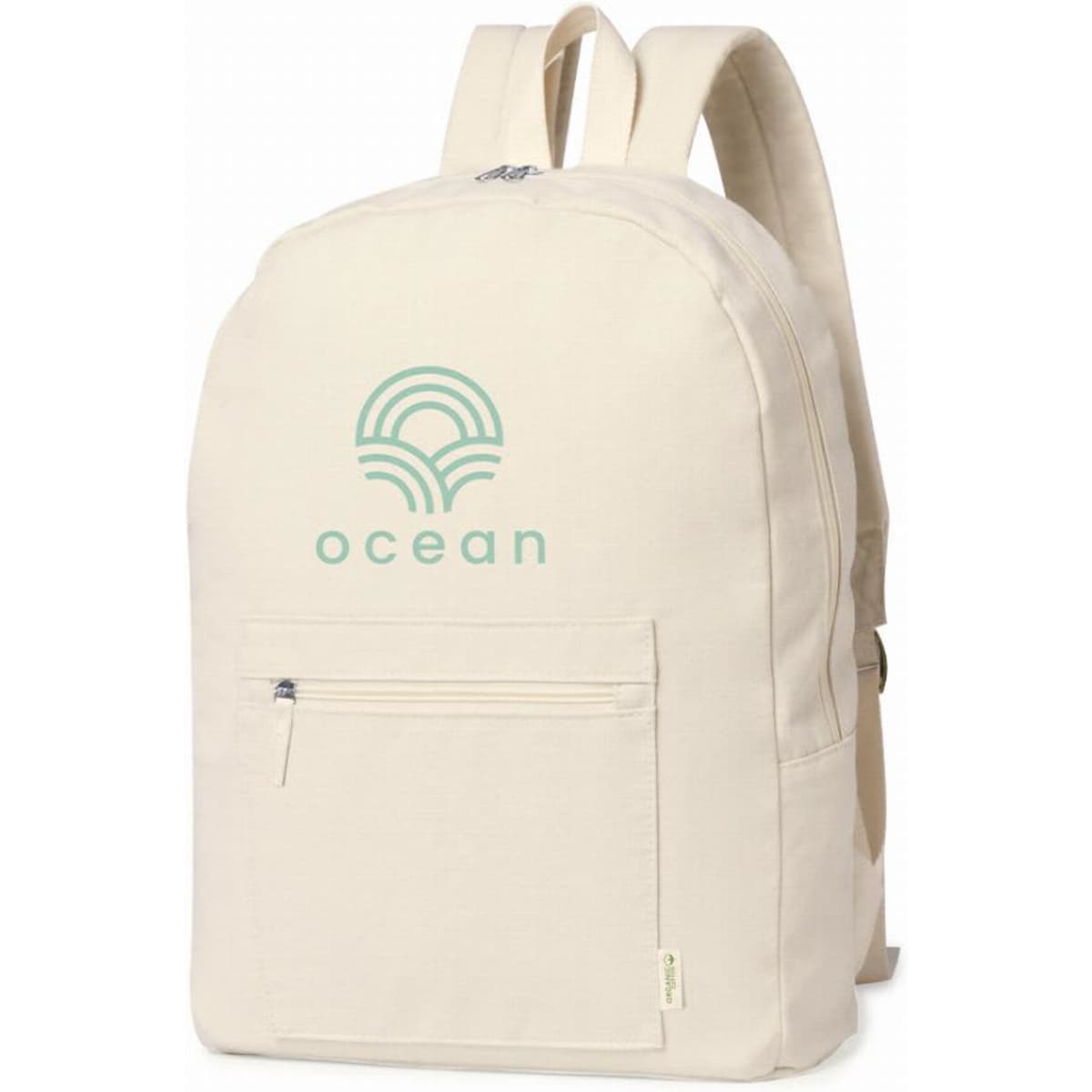A cream-coloured backpack with a front zip pocket and a logo featuring waves and the word "ocean."