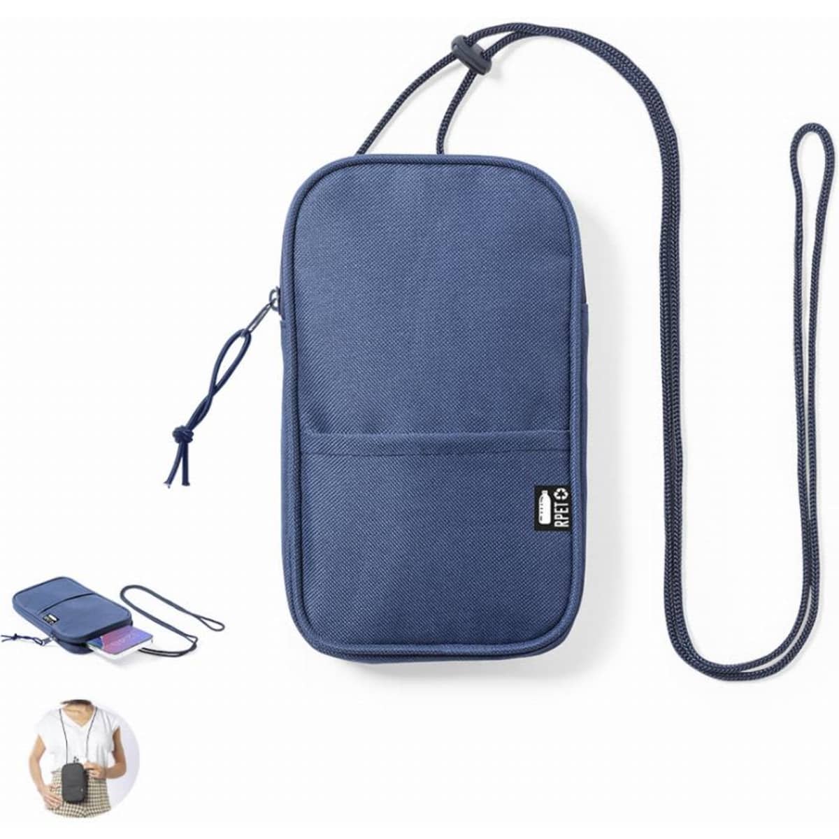A navy blue crossbody pouch with a long strap, featuring a front pocket and a zippered compartment.