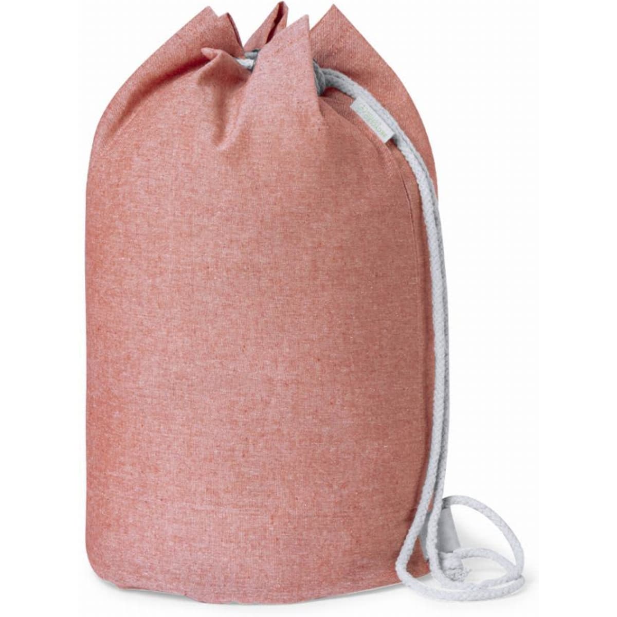 A drawstring bag in a soft pink hue, featuring a textured fabric and a white rope closure.