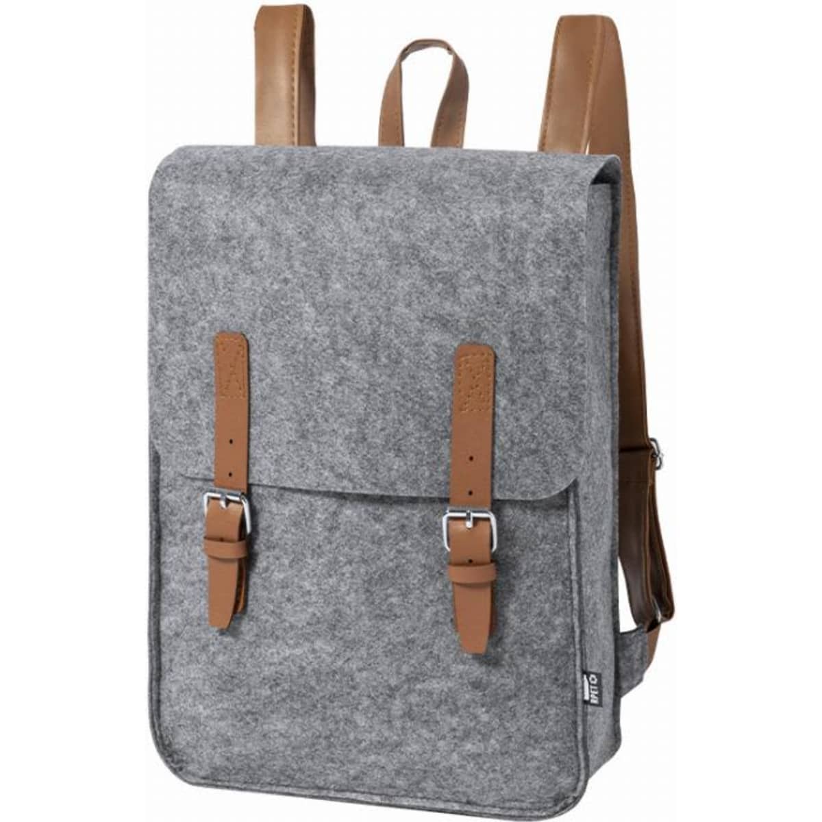A grey felt backpack with brown leather straps and buckles, featuring a simple design and flapped top.