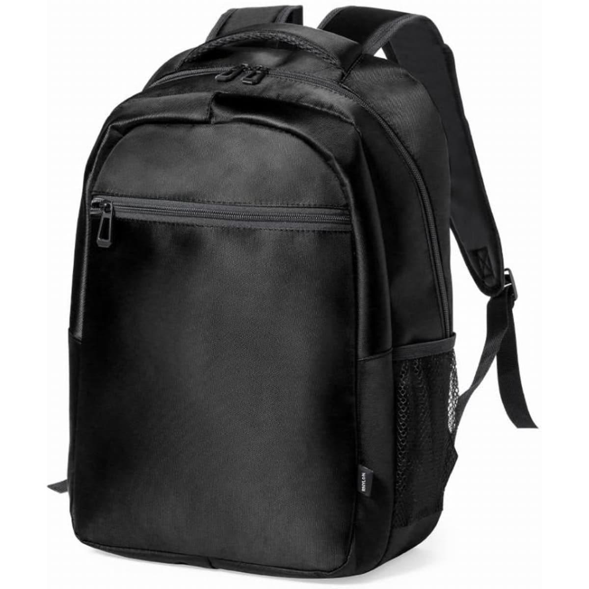 A black backpack featuring multiple compartments and adjustable straps, with a mesh side pocket.