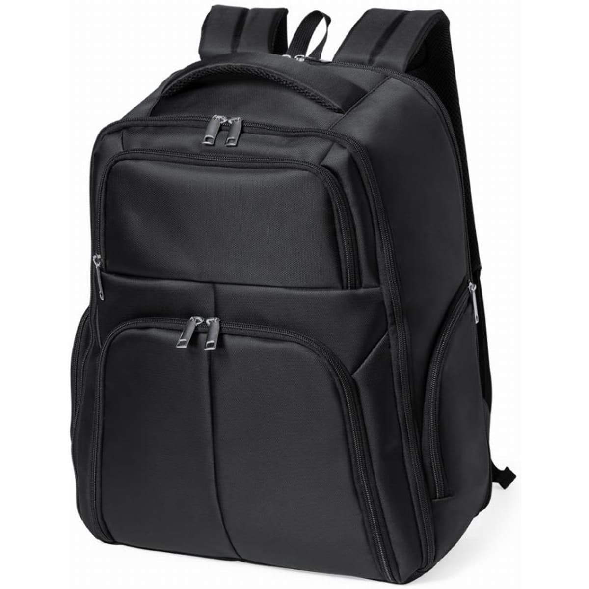 A black backpack with multiple compartments and zippers, featuring padded shoulder straps for comfort.