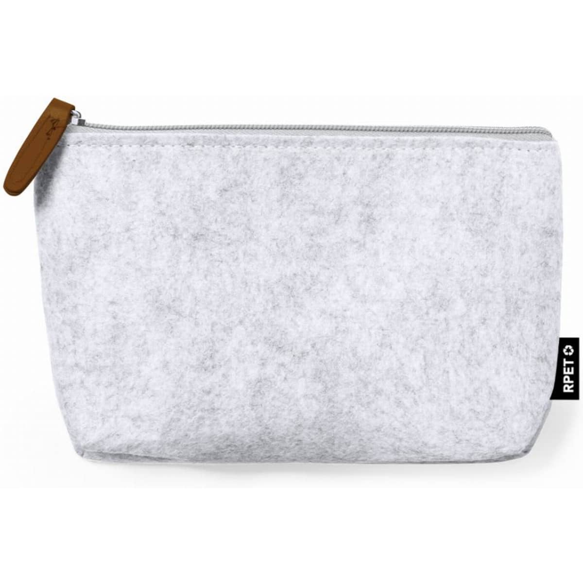 A grey felt pouch with a zip closure and a small brown leather tag, featuring a branding tag on the side.
