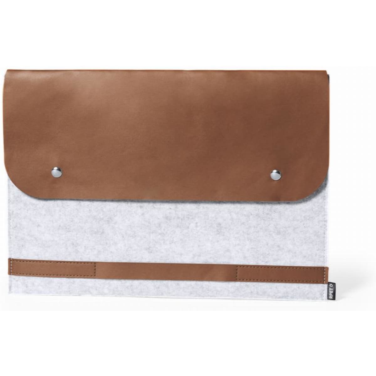 A grey felt laptop sleeve with a brown leather flap and strap detail, featuring two snap fasteners.