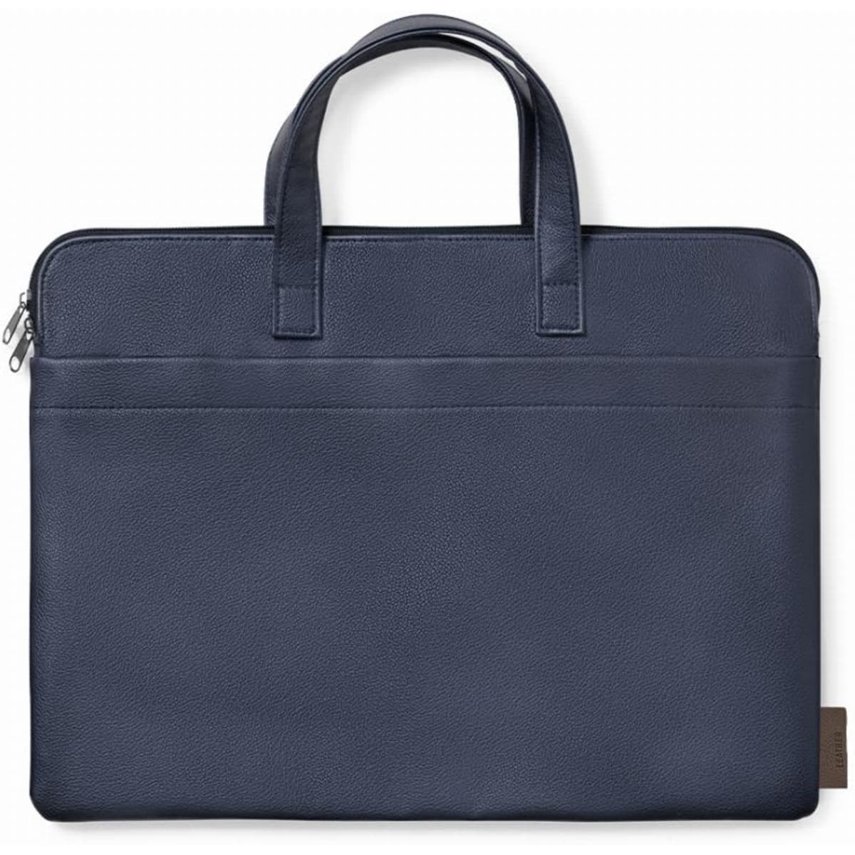 A navy blue laptop bag with two handles and a zip closure. It features a smooth textured surface.