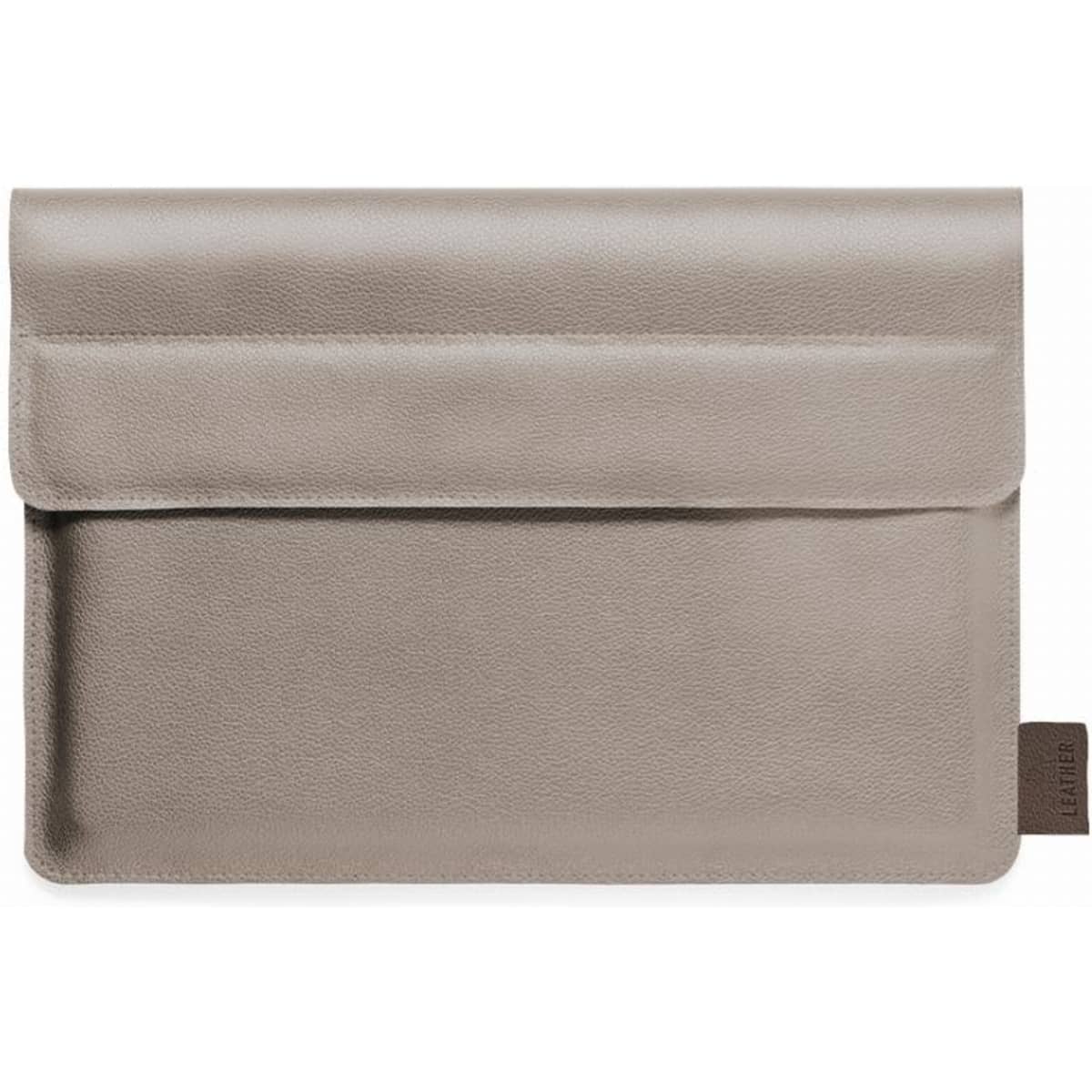 A tablet pouch in a soft grey colour with a flap closure and a small logo tag.