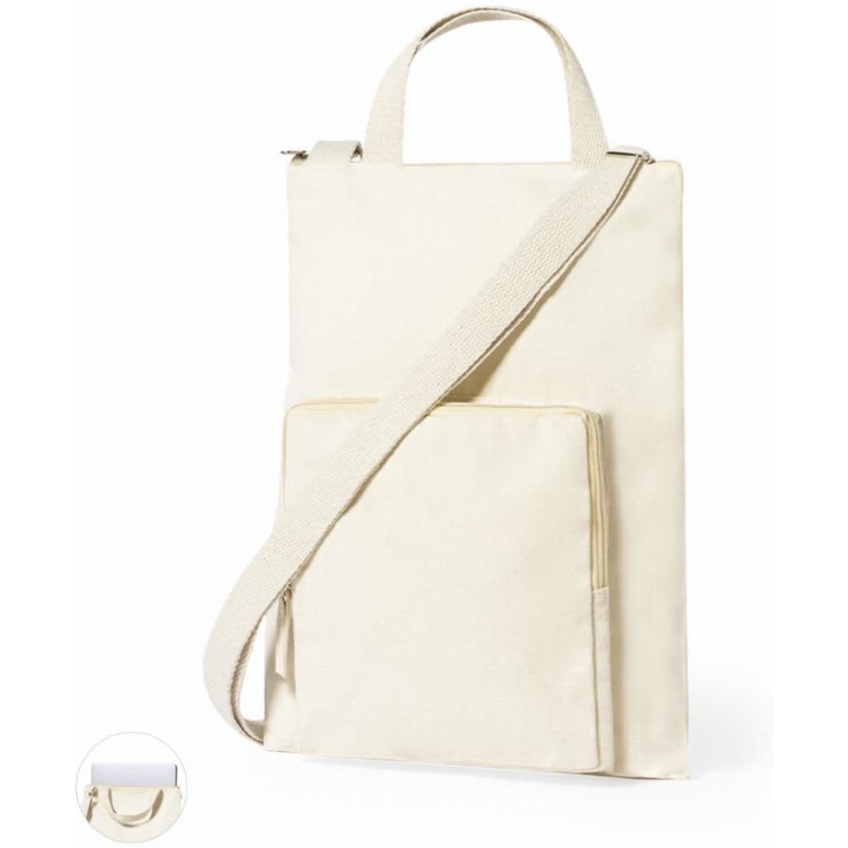 A cream-coloured tote bag with a front pocket and adjustable strap, featuring minimalist design elements.