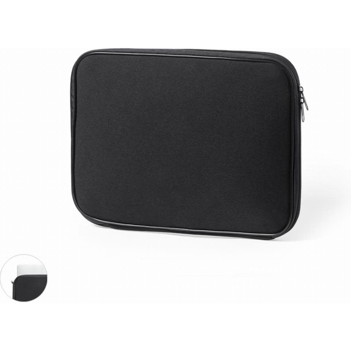 A black laptop sleeve with a zip closure, featuring a sleek and minimalist design.