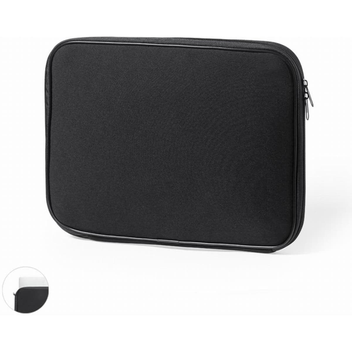 A black laptop sleeve with a zip closure and a contrasting white interior. Features a simple, sleek design.