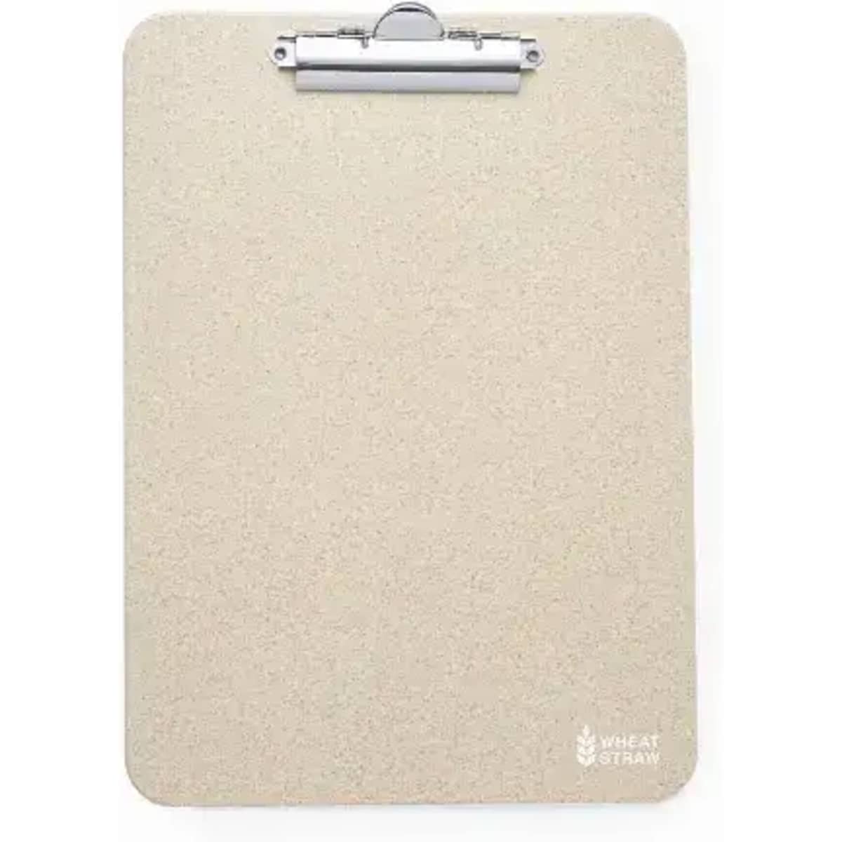 A beige clipboard with a metallic clip and a subtle textured surface. It features a small logo in one corner.