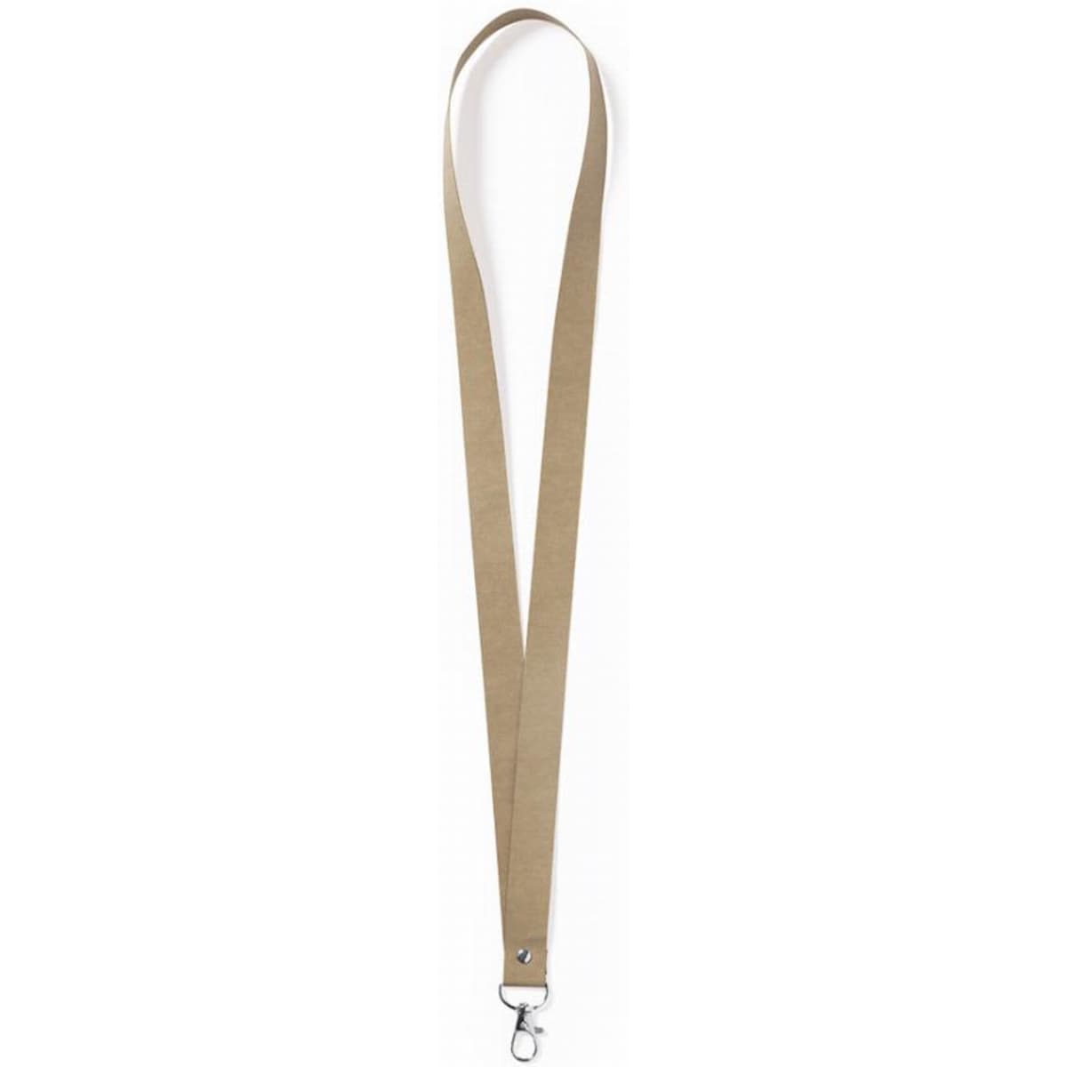 A lanyard in a light brown colour with a silver clip at the bottom and a simple design. It features a logo.