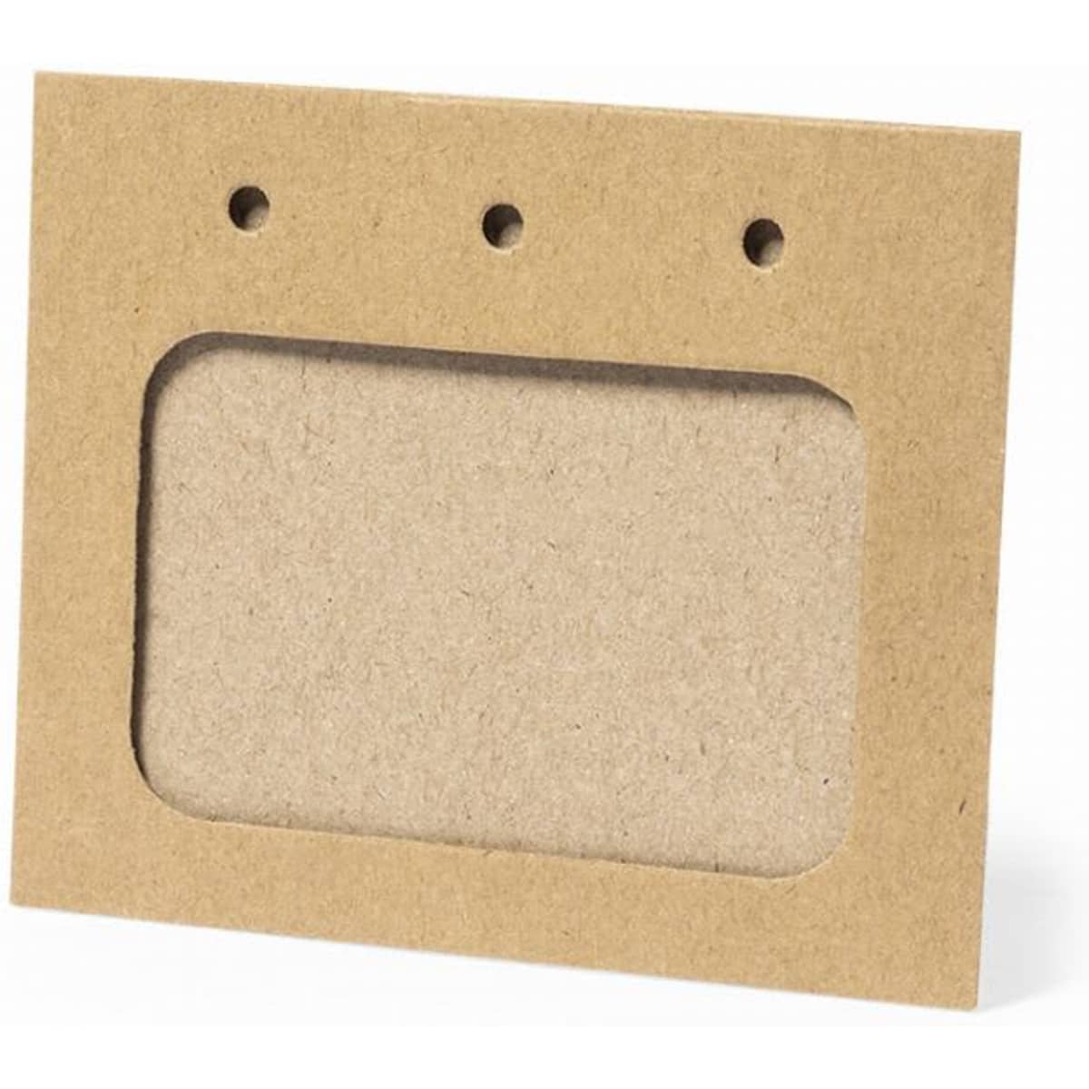 A kraft paper photo frame with a rectangular opening and three holes at the top for hanging.