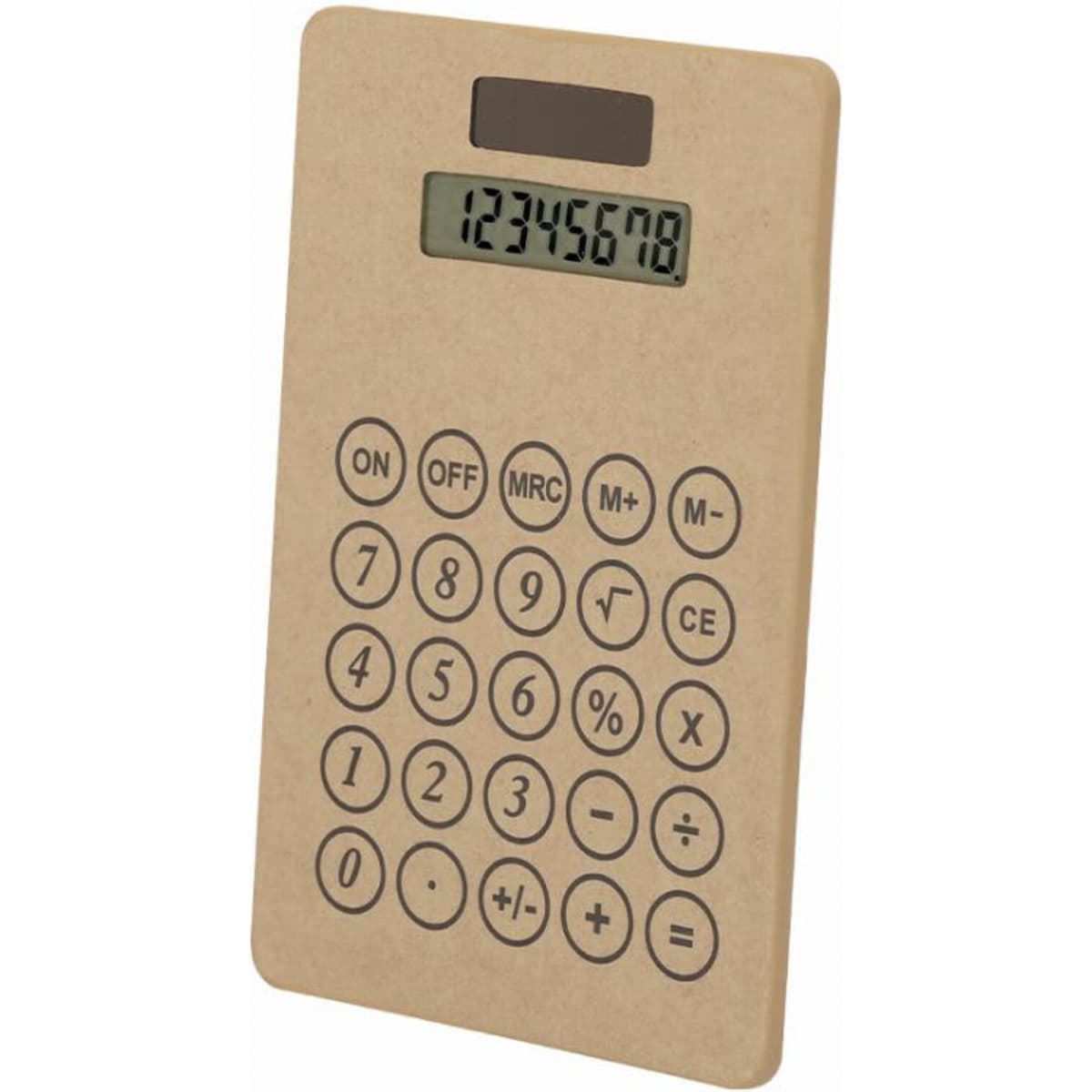 A calculator with a beige, textured surface and a digital display, featuring standard numerical and functional buttons.