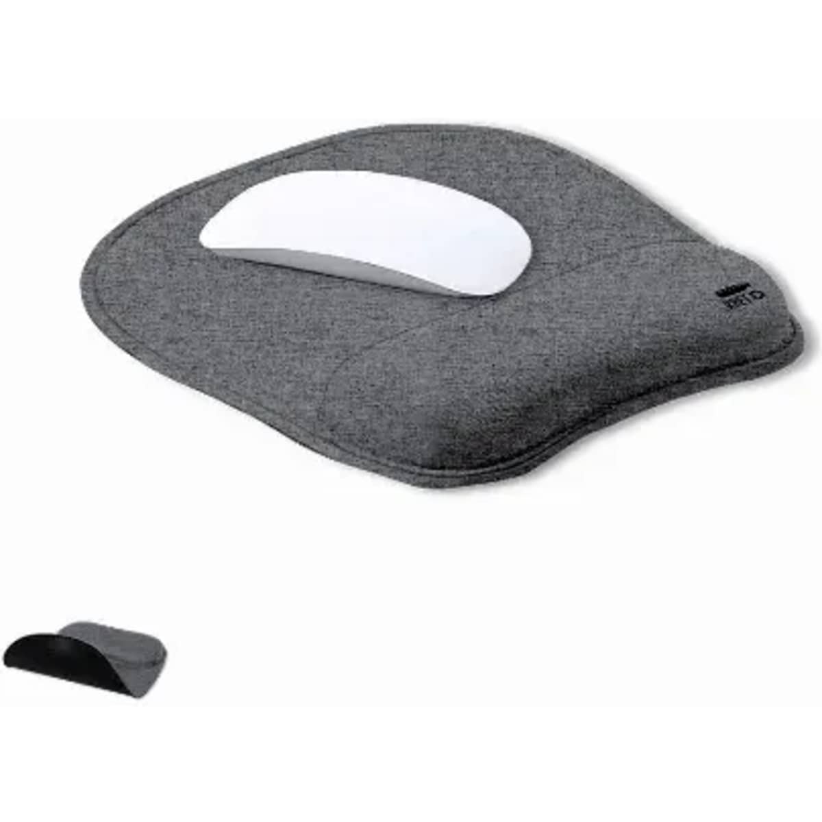 A wrist support with a grey fabric base and a white mouse pad section, featuring a brand logo.