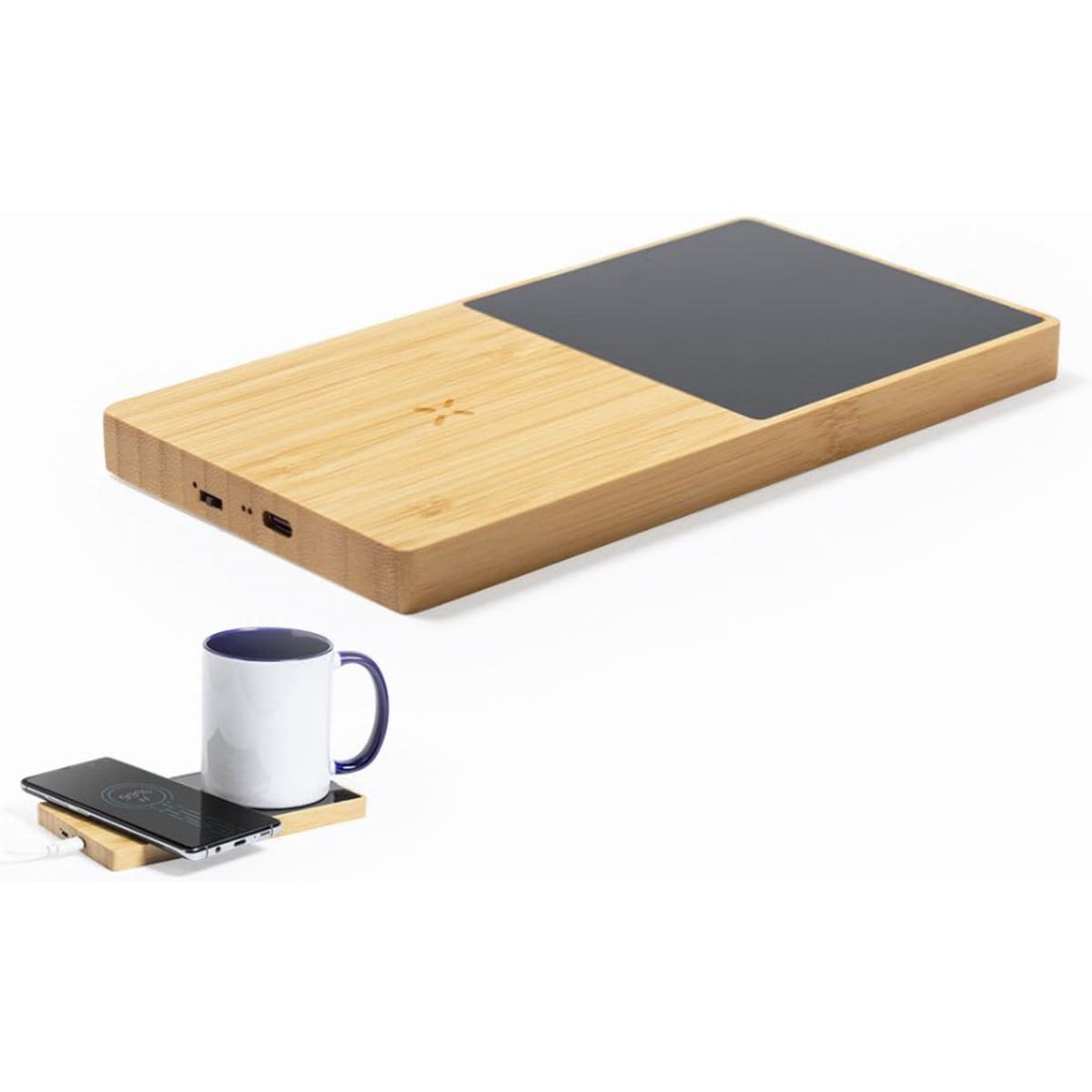 A bamboo charging pad featuring a sleek design with a black surface and ports for connectivity.
