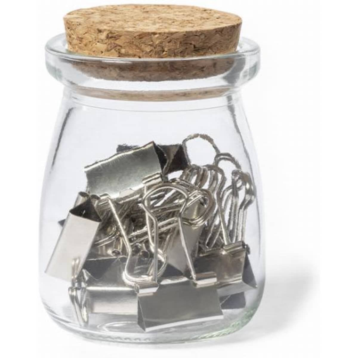 A glass jar with a cork lid filled with silver binder clips. The jar has a rounded shape.