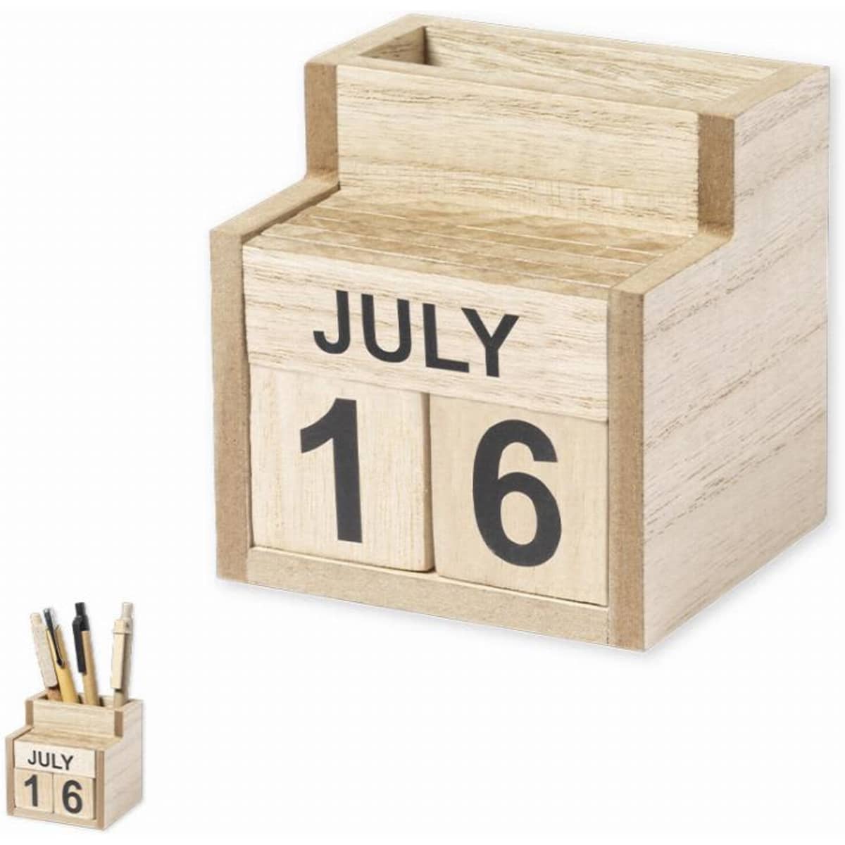 A wooden perpetual calendar with blocks displaying the date "16" and month "JULY," featuring a compartment for pens.