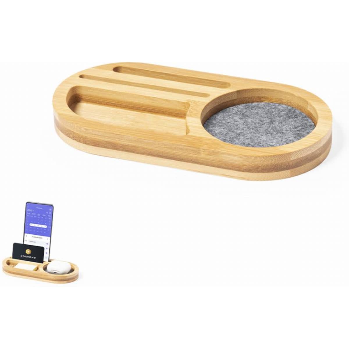 A bamboo tray with compartments including a felt-lined section for holding items like a phone and cards.
