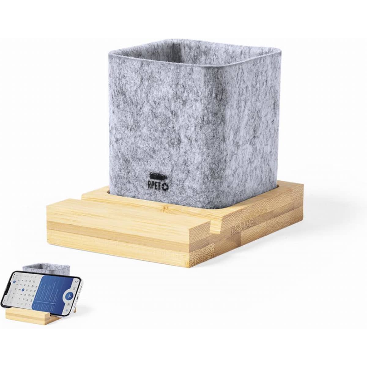 A grey felt plant pot with wooden base, accompanied by a smartphone placed on a felt mat.