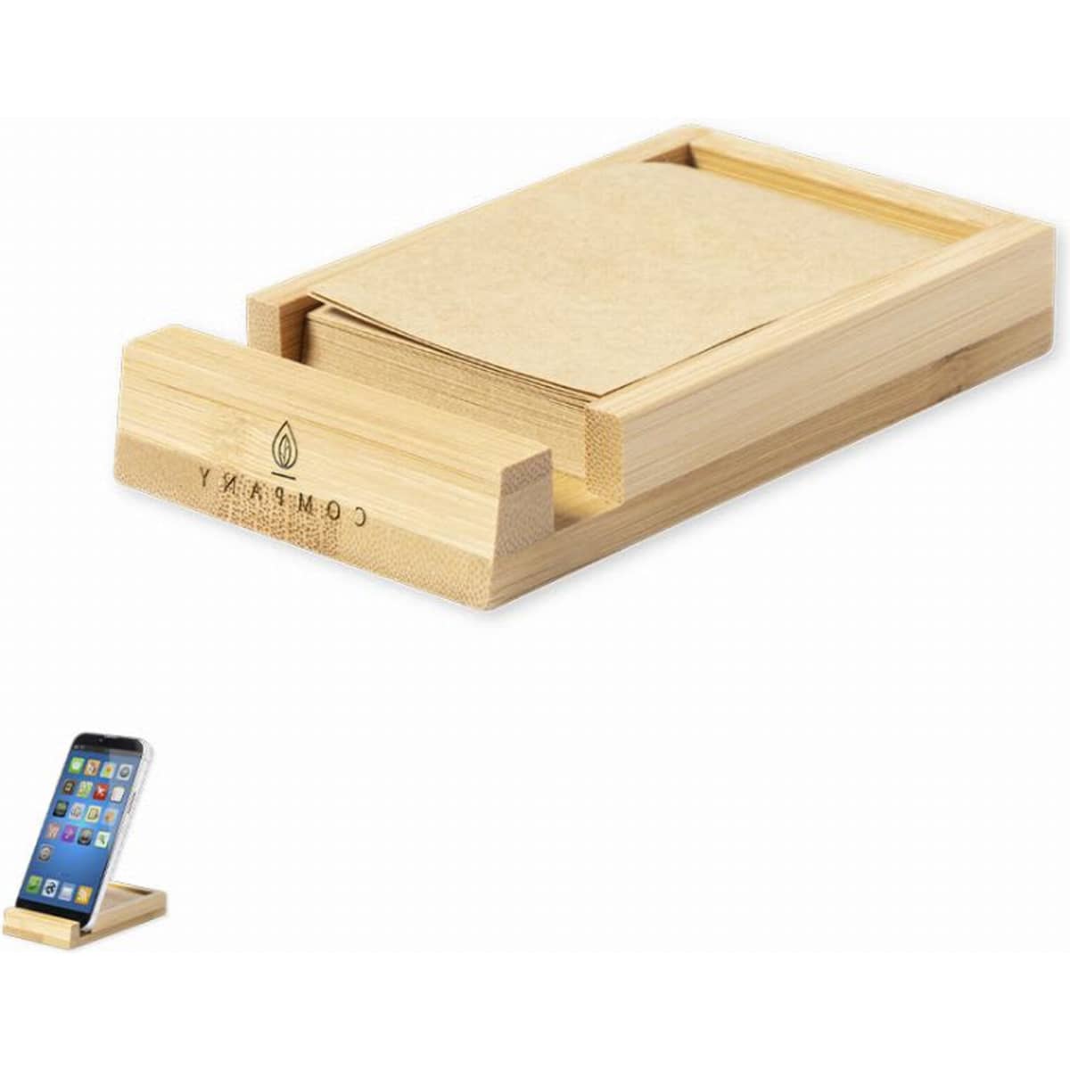 A bamboo card holder with a sliding compartment, featuring a logo and a small phone stand.