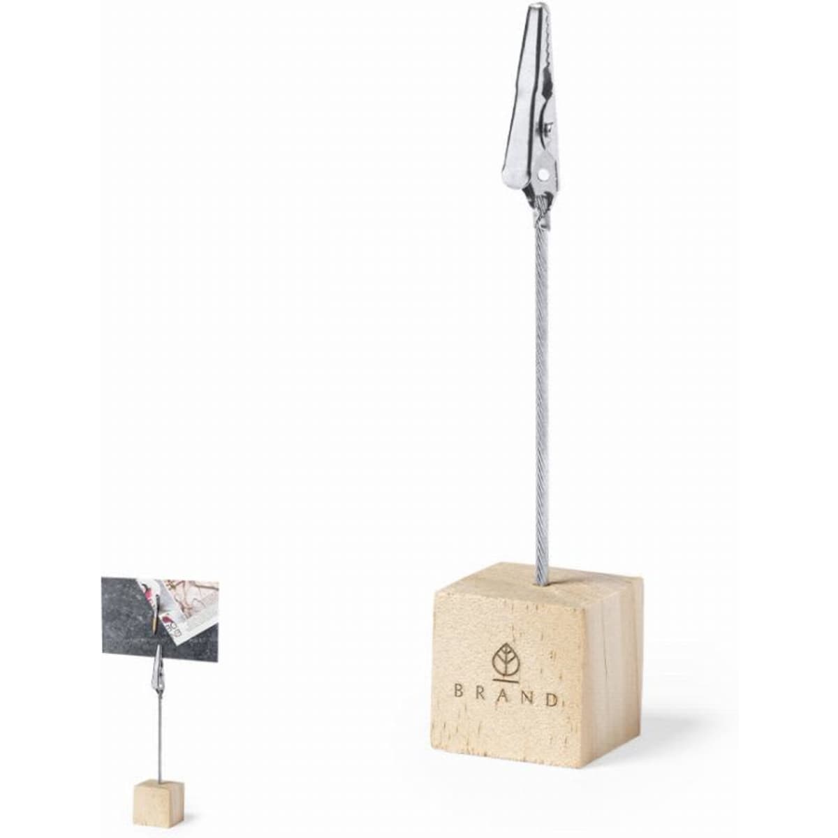 A photo holder with a wooden base and a metal clip, designed for displaying photos or notes.