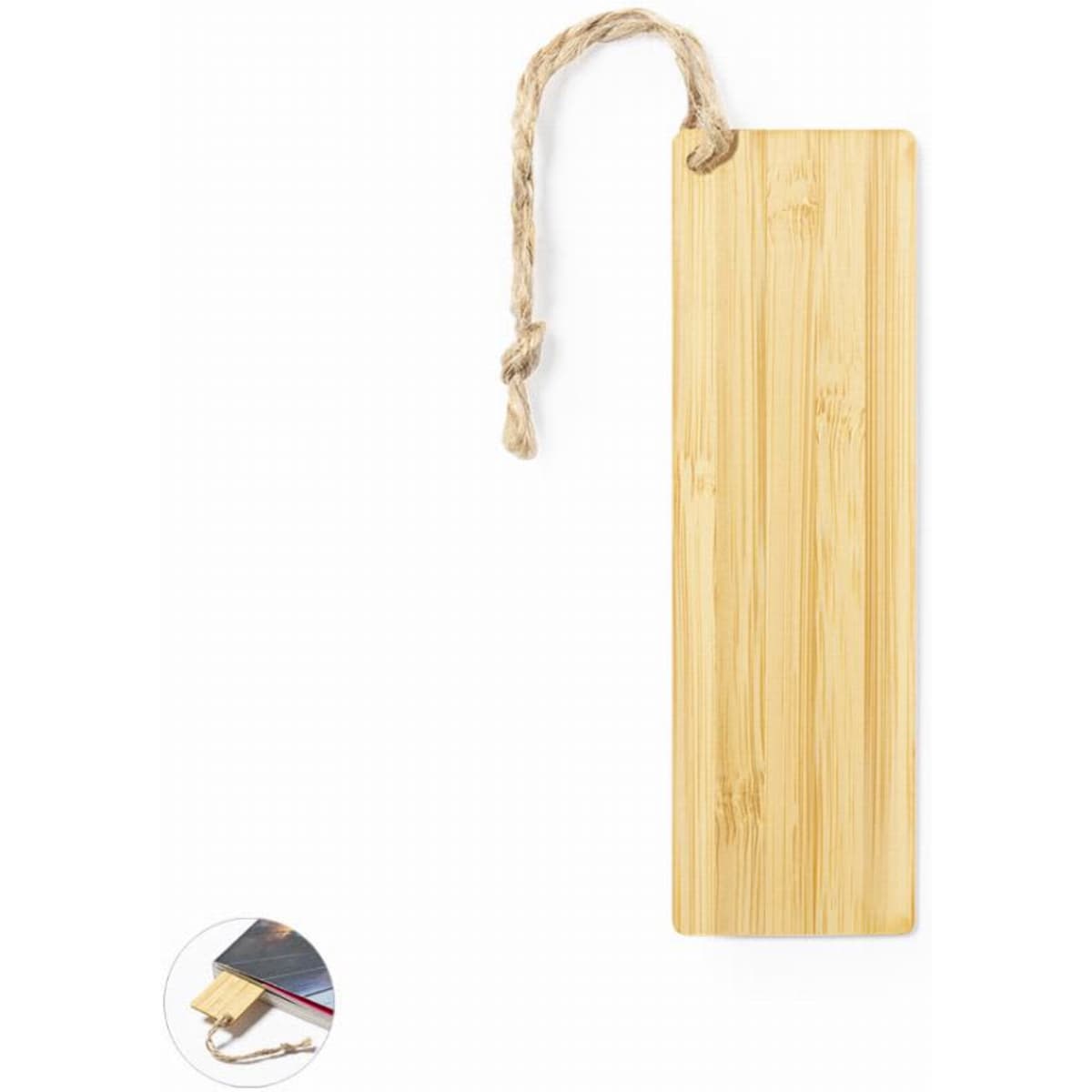 A bamboo bookmark with a natural finish and a textured surface, attached to a rope for easy handling.