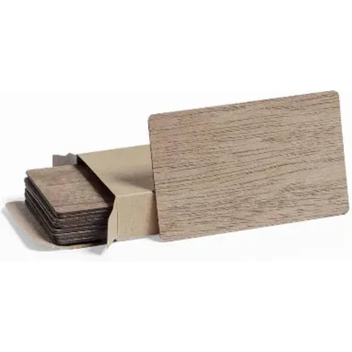 A set of wooden coasters in a package, featuring a natural wood grain finish. The coasters are rectangular in shape.