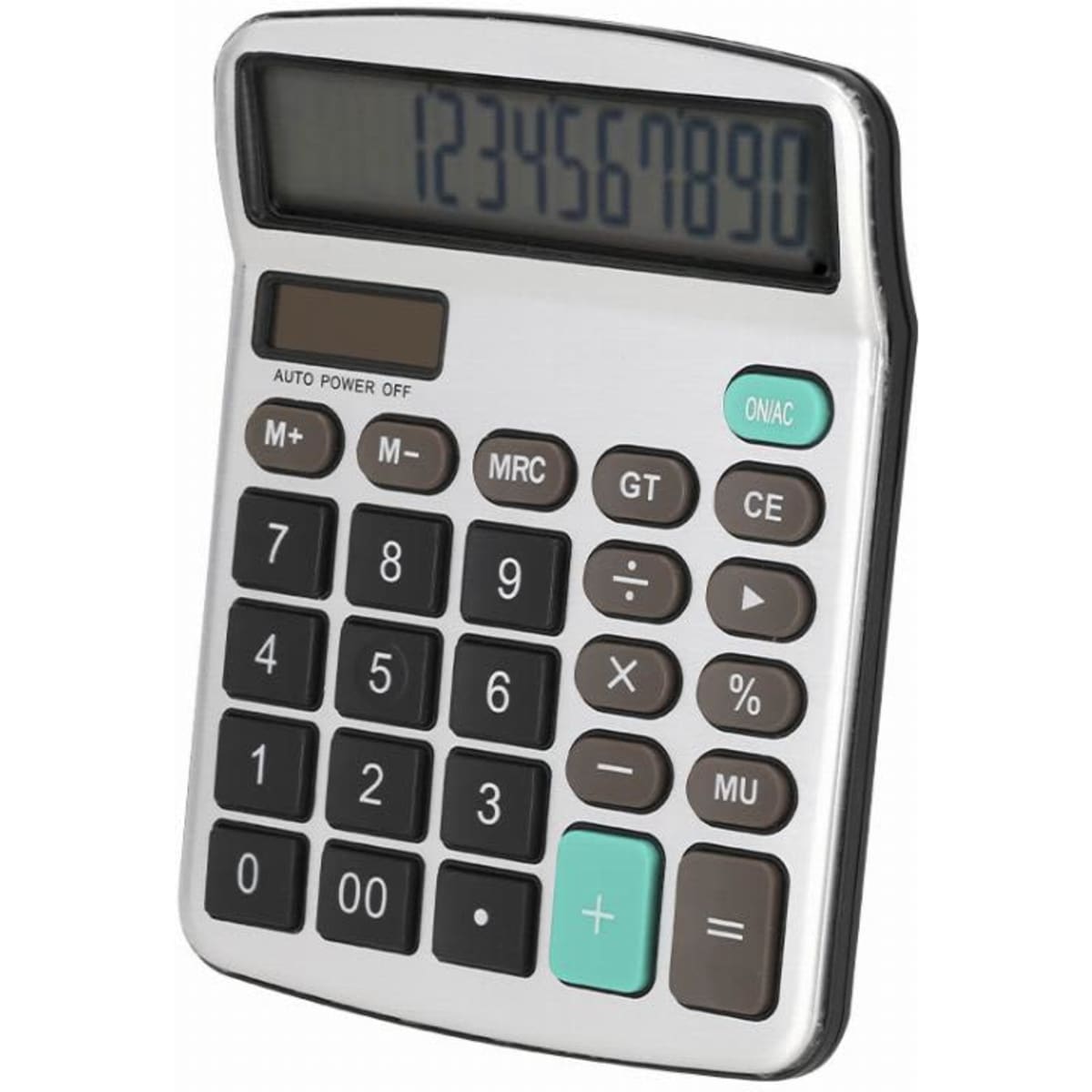 A metallic calculator in silver and black with a digital display and a range of buttons in black and teal.