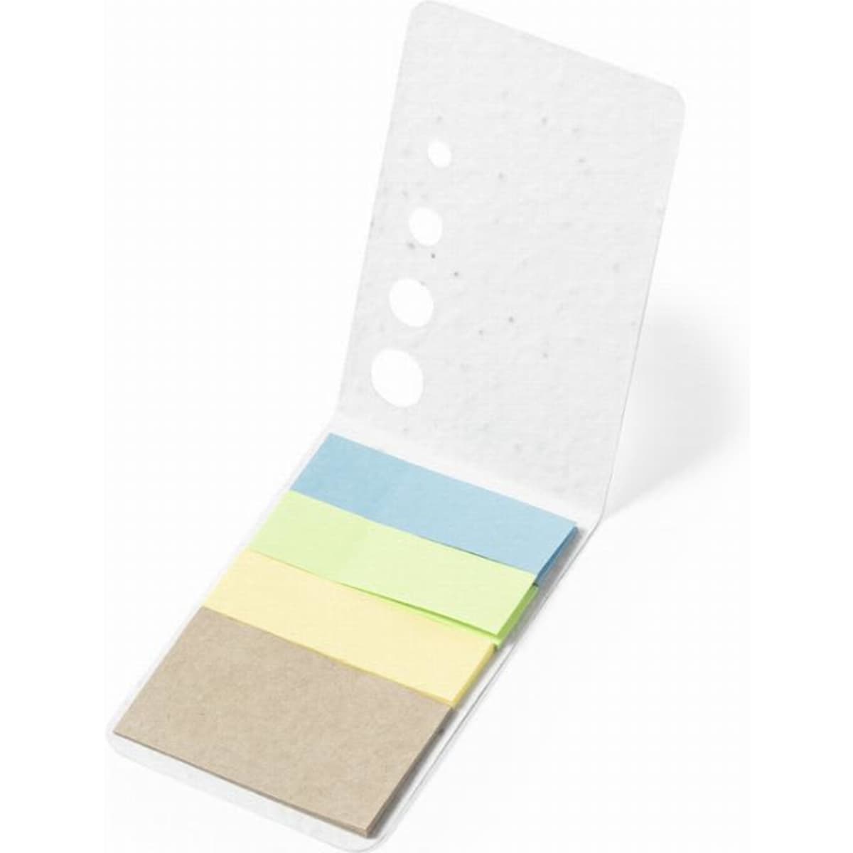 A sticky notes pad with yellow, green, blue, and brown notes in a transparent cover. It features a logo on the front.