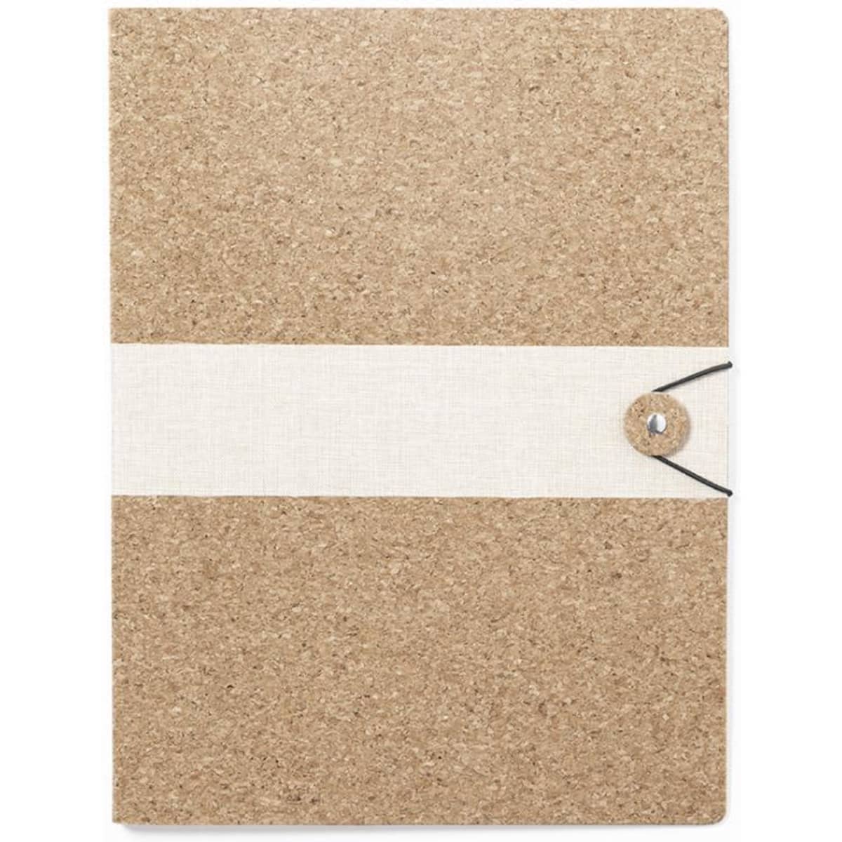 A notebook with a textured brown cork cover and a white canvas band, secured with a button closure.