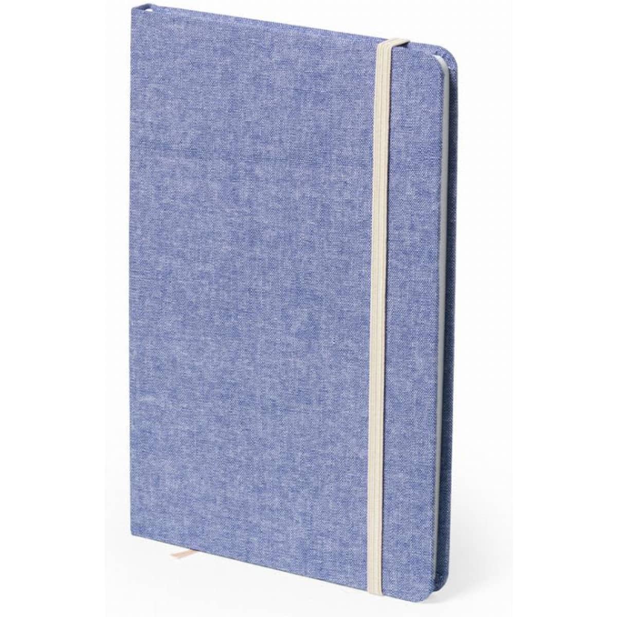 A notebook with a blue fabric cover and a cream elastic strap, featuring a clean, minimalist design.
