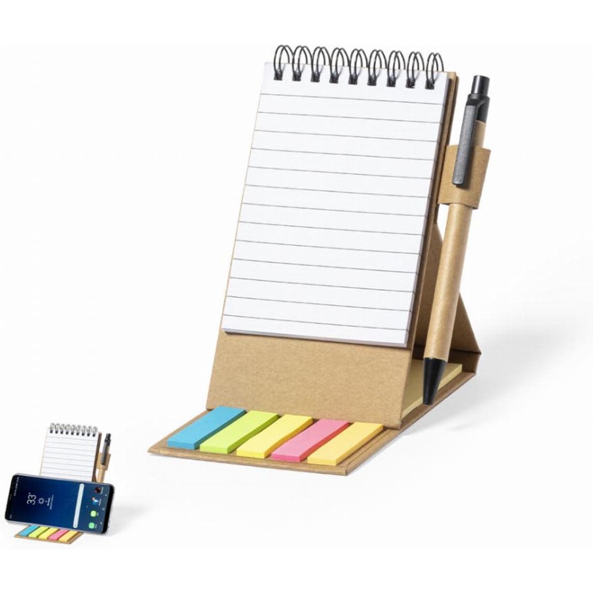 A notepad holder with a spiral-bound notepad, a pen, and colour-coded sticky notes. The holder is made of cardboard.